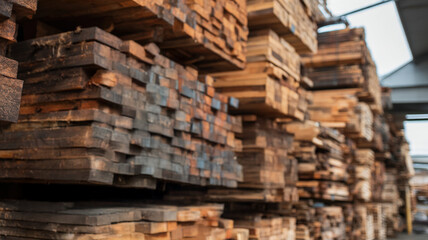 Industrial lumber warehouse interior with stacked wooden planks in blurred perspective view
