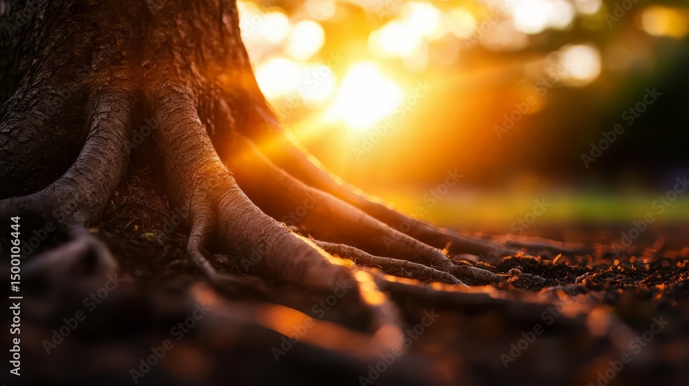 Poster tree root is shown in the foreground of a photo with a bright sun in the background. the photo has a