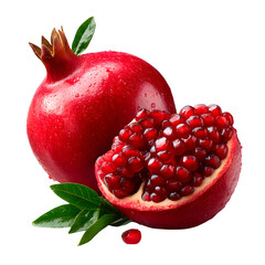 Whole pomegranate with red leathery skin and green leaf, half cut to reveal ruby red seeds,...