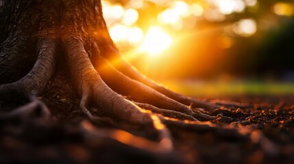 Tree root is shown in the foreground of a photo with a bright sun in the background. The photo has a warm, inviting mood and conveys a sense of growth and life