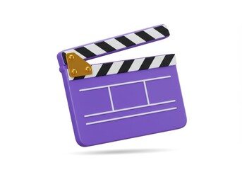3D Illustration of Purple clapperboard with black and white stripes isolated on white background