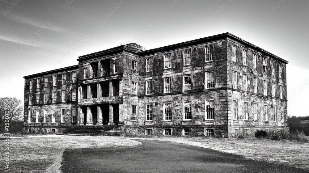 Aufkleber The old building is a large, brick structure with many windows and a prominent front porch. It has a lot of character and history, and it looks like it has been standing for a very long time