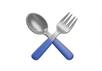 3D Illustration of Silver spoon and fork with blue handles isolated on white background