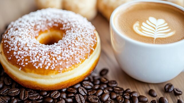 Powdered donut sits beside a cappuccino with coffee beans on the wooden table. - high quality Powdered donut sits beside a cappuccino with coffee bean