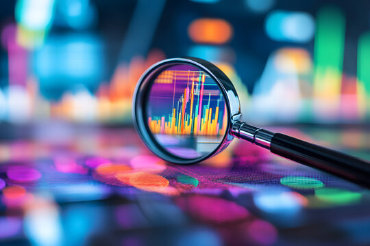 A magnifying glass focuses on colorful data visualizations, symbolizing analysis and insight in a digital environment.