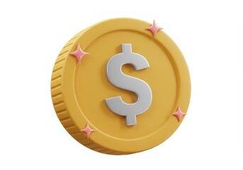 3D Illustration of Golden dollar coin with pink stars isolated on white background