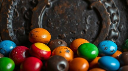 Colorful candy-coated chocolate drops scattered on a smooth surface, vibrant lighting, realistic photography style, no text, isolated, commercial food presentation
