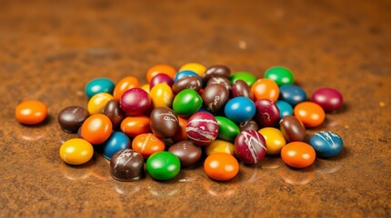 Colorful candy-coated chocolate drops scattered on a smooth surface, vibrant lighting, realistic photography style, no text, isolated, commercial food presentation