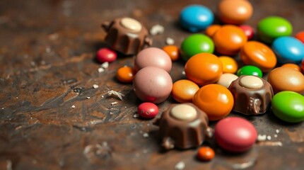 Colorful candy-coated chocolate drops scattered on a smooth surface, vibrant lighting, realistic photography style, no text, isolated, commercial food presentation