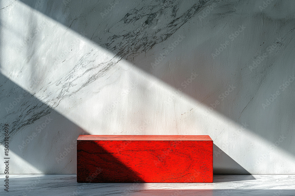 Poster A red rectangular block sits on a light gray marble surface, illuminated by diagonal sunlight.