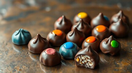 Colorful candy-coated chocolate drops scattered on a smooth surface, vibrant lighting, realistic photography style, no text, isolated, commercial food presentation