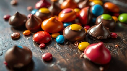 Colorful candy-coated chocolate drops scattered on a smooth surface, vibrant lighting, realistic photography style, no text, isolated, commercial food presentation