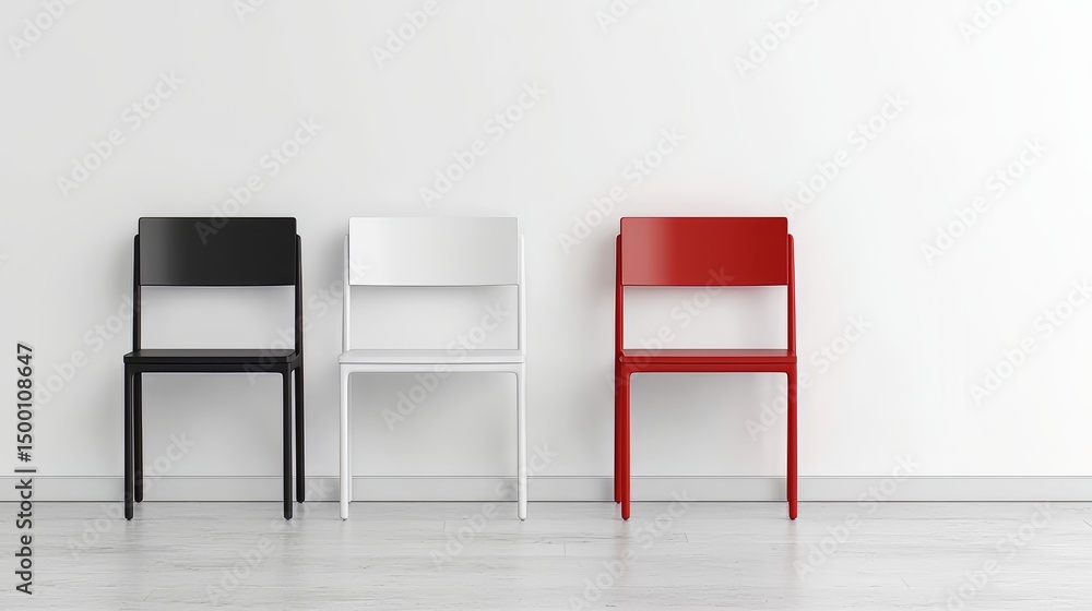 Fototapete Three chairs are sitting in a row, with one of them being red. The chairs are placed in front of a white wall, creating a simple and minimalistic setting