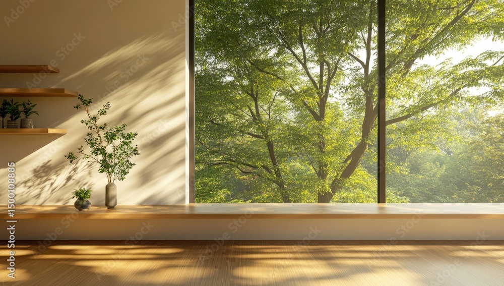 Poster sunlight streams into a minimalist, zen-like room with a view of lush trees
