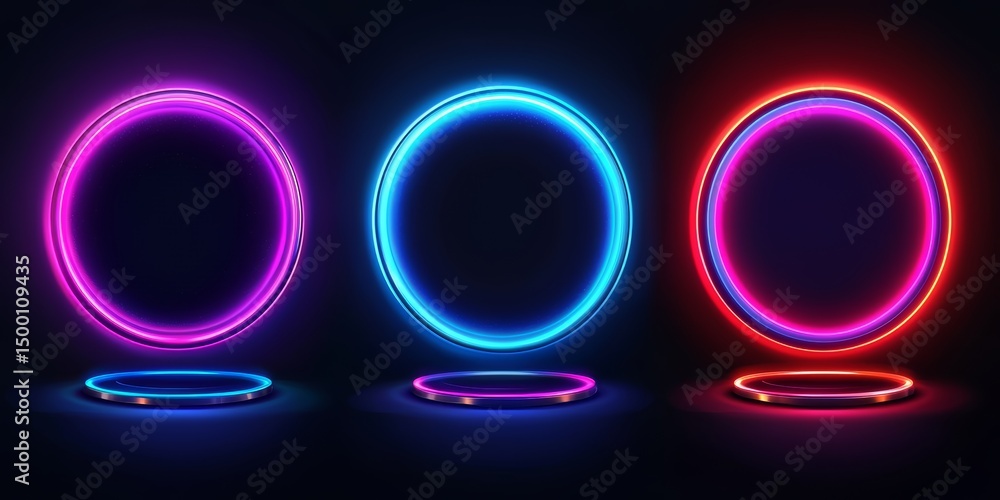 Aufkleber Three neon colored circles with a dark background. The circles are in different colors and sizes