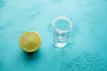 lime lemon and shot drink in close up