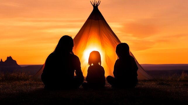 Silhouetted figures sit near a teepee at sunset, creating a warm orange glow over the landscape.