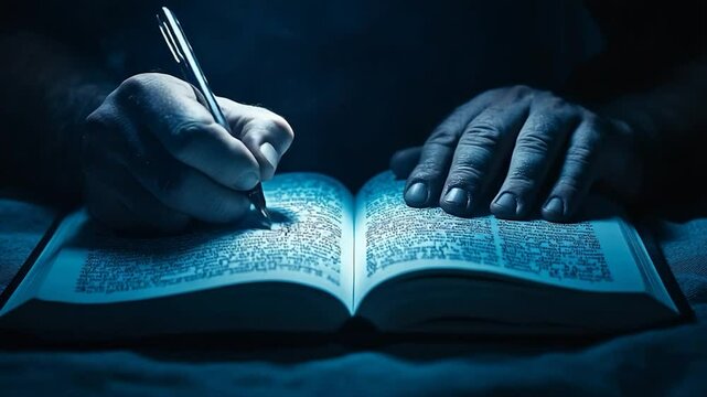 Elderly Hands Writing in a Book, Night Study
