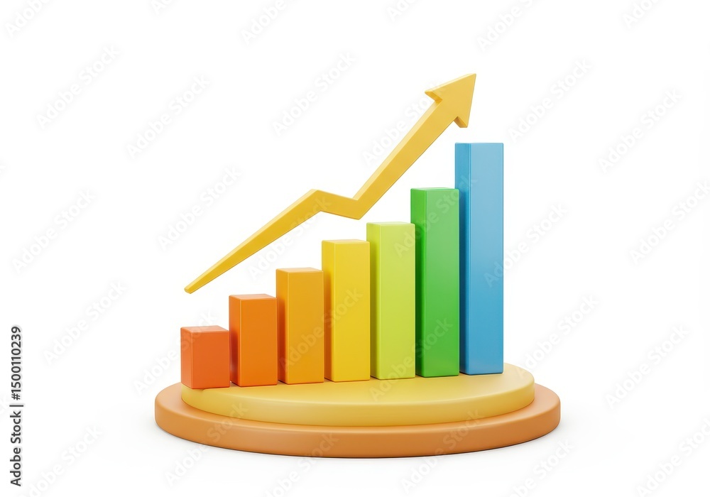 Poster 3d illustration of colorful bar graph with upward arrow isolated on white background