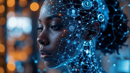 Futuristic portrait of a woman integrated with a digital network interface concept