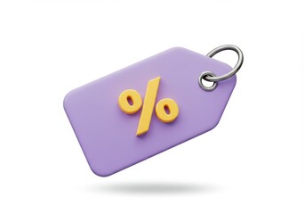 3D Illustration of Purple price tag with yellow percentage sign isolated on white background