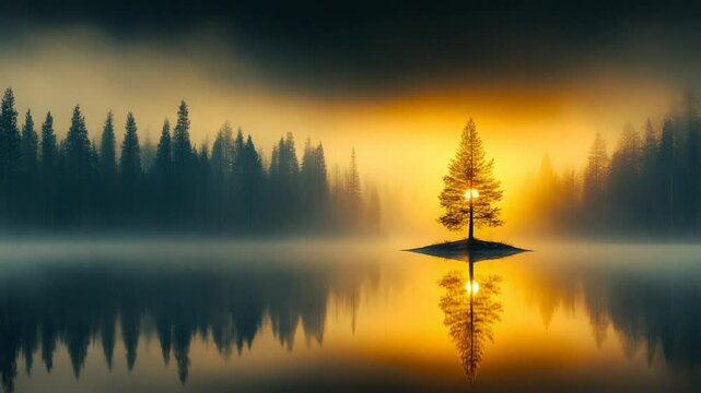 Solitary Tree at Sunrise, Misty Lake Reflection