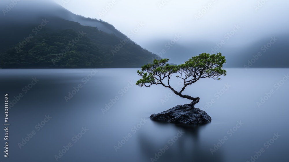 Poster tree is standing on a rock in a lake. the water is calm and the sky is cloudy. the scene is peaceful