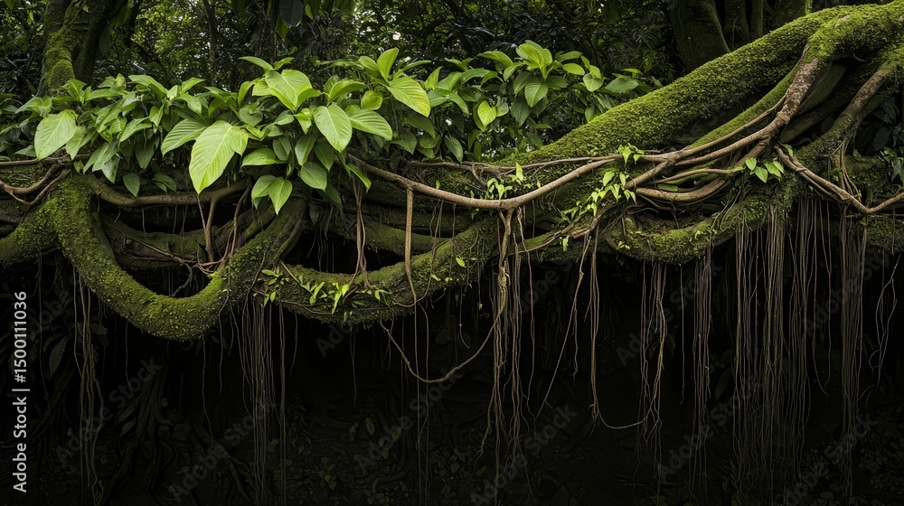 Poster tree with green leaves and moss growing on it. the moss is covering the tree trunk and branches