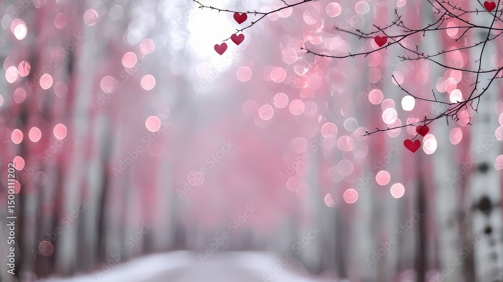 Poster tree with pink leaves and hearts on it. the tree is surrounded by a blurry background. concept of lo