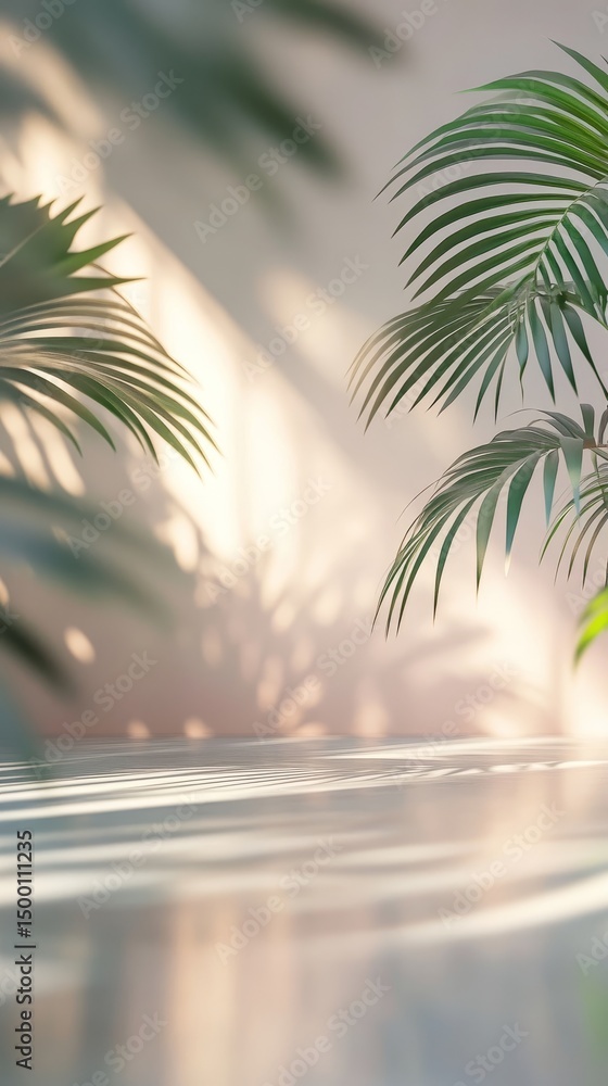 Poster soft sunlight filtering through lush palm leaves creates tranquil shadows on a serene surface in a c