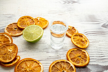 lime lemon and shot drink in close up