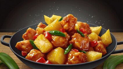 Vector illustration of sweet and sour chicken with pineapple chunks in a wok, clean background.