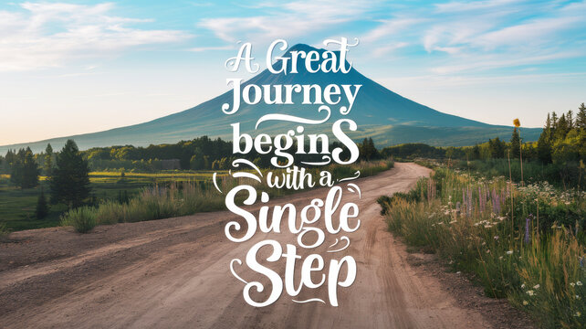 Beautiful calligraphy "A great journey begins with one step," set against landscape with dirt road leading to high mountain on horizon amidst green hills, motivation to action