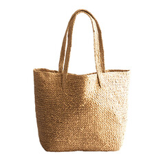 Natural Straw Tote Bag with Authentic Woven Text Isolated on Transparent Background