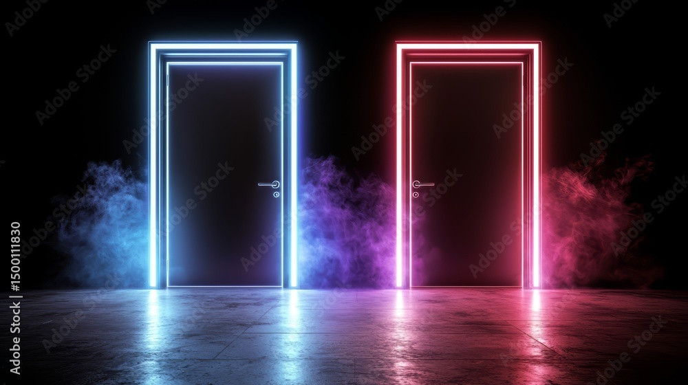 Poster two doors with neon lights are lit up in a dark room. the doors are glowing in different colors, cre