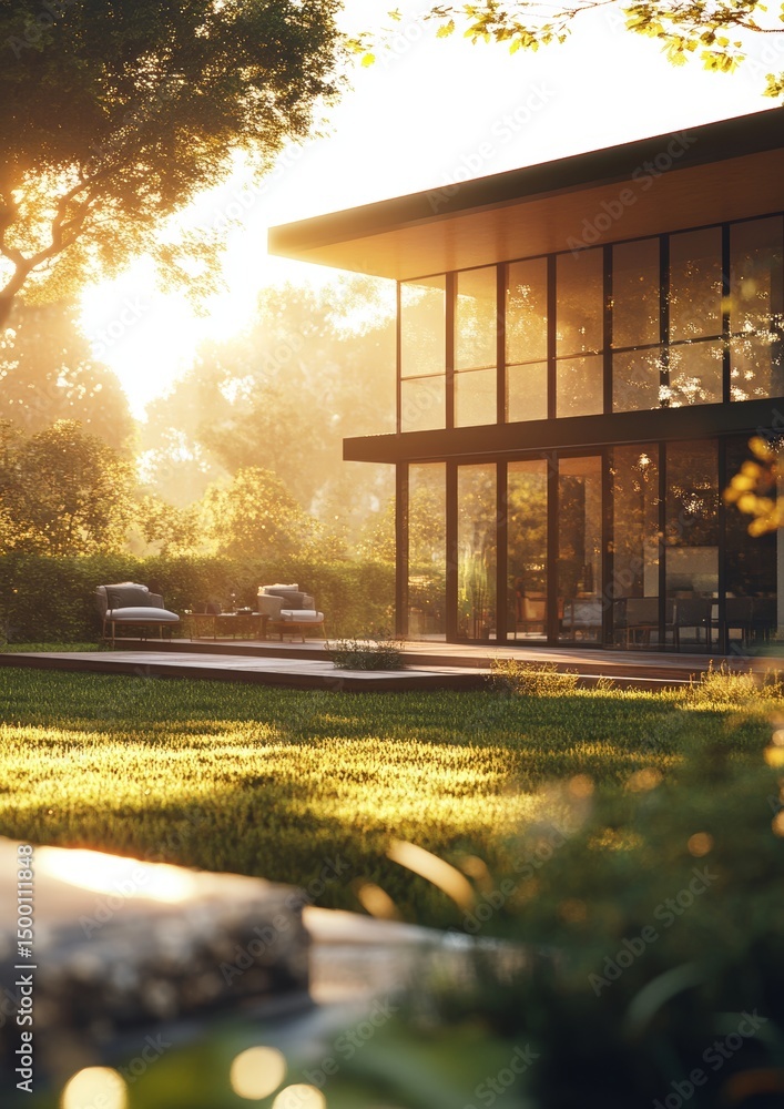 Poster sunlight filters through trees, illuminating a modern house surrounded by lush greenery in a tranqui