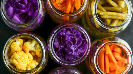 Overhead View of Colorful Pickled Vegetables in Glass Jars Arranged in Grid Pattern