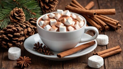 Warm cup of cocoa with marshmallows on a wooden table, surrounded by pinecones and cinnamon sticks