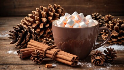 Warm cup of cocoa with marshmallows on a wooden table, surrounded by pinecones and cinnamon sticks