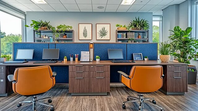 Modern office interior design with workstations, computer, swivel chairs and plants indoors