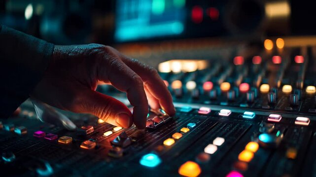 Sound engineer mixing music on audio mixing console in dimly lit recording studio