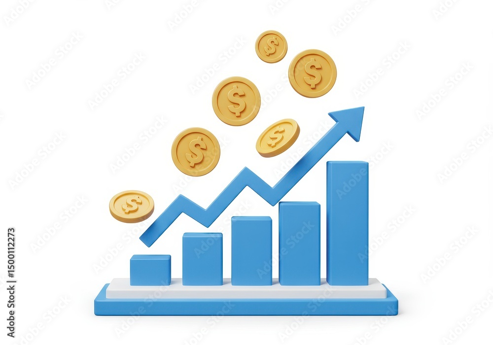 Poster 3d illustration of bar graph with upward arrow and coins isolated on white background