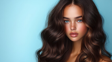 Naklejka premium Young model with long, wavy hair and blue eyes posing against a light blue background during a studio photoshoot