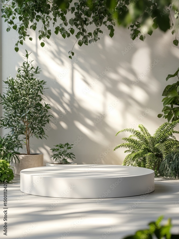 Poster captivating indoor setting featuring a circular platform amidst lush greenery, illuminated by soft s