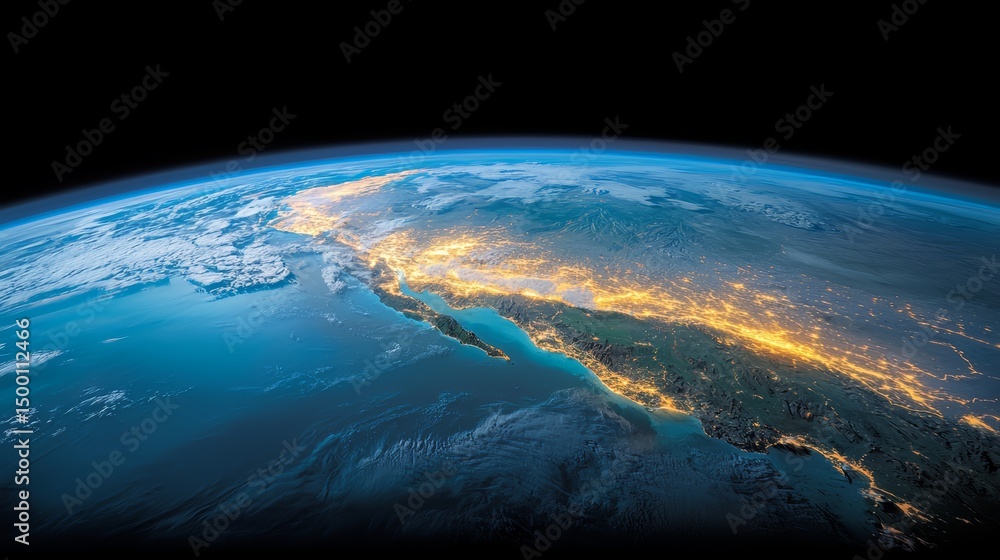 Poster view of the earth from space, with the land and water visible in the distance. the sky is dark, and 