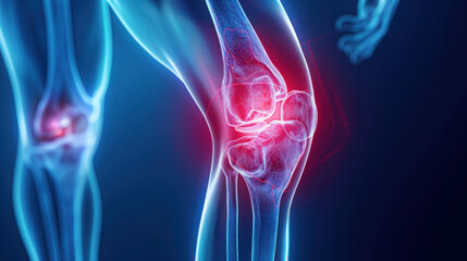 Blue 3d medical x-ray anatomy of the knee pain. Leg joint and bone injury, arthritis patient inflammation, sport athlete broken tendon, red area, copy space.