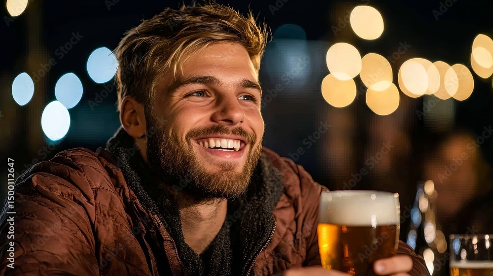 Poster smiling man holds a beer at a bar with bokeh lights in the background. - high quality smiling man ho