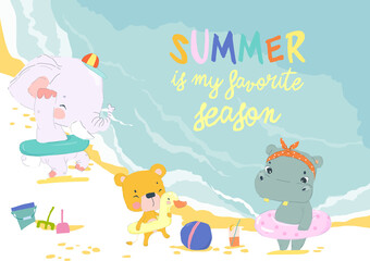 Funny Animals sunbath swimming in the Sea on Sea Beach Shores. Vector Illustration
