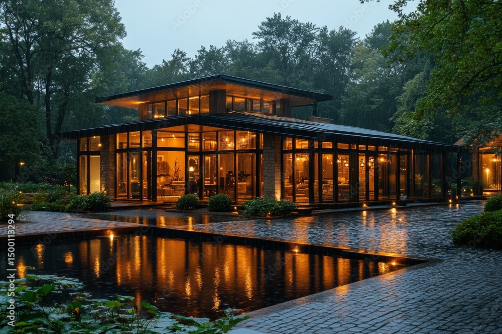 Poster elegant modern architecture shines through the rain in a serene forest setting with warm lights refl