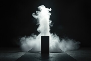 Dark room, smoke, black cube